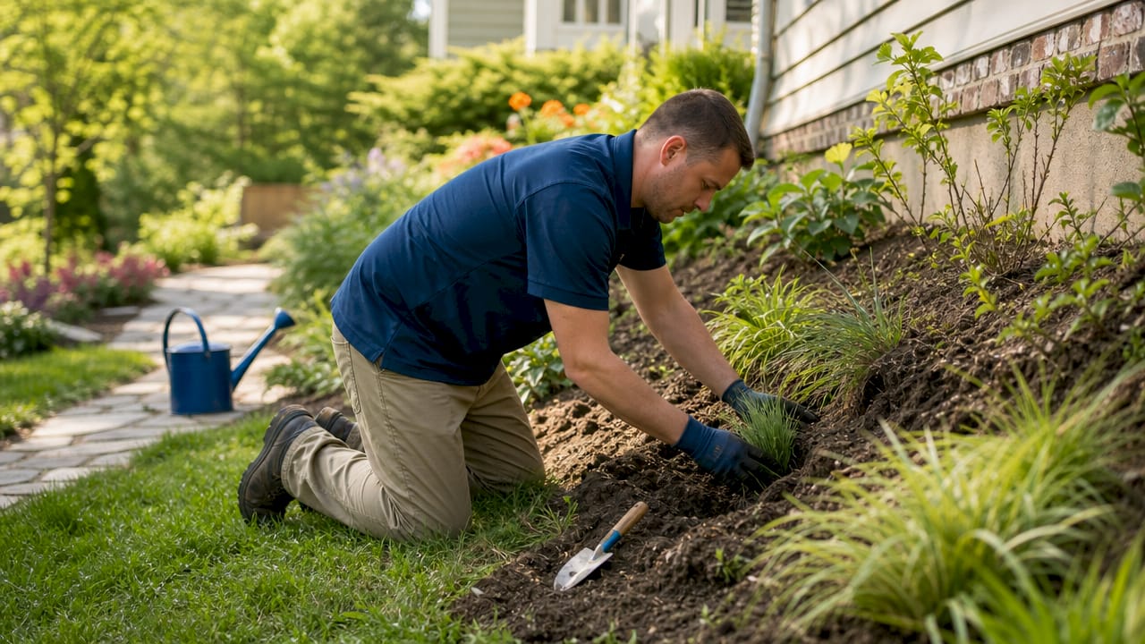 Gardener planting grasses near foundation