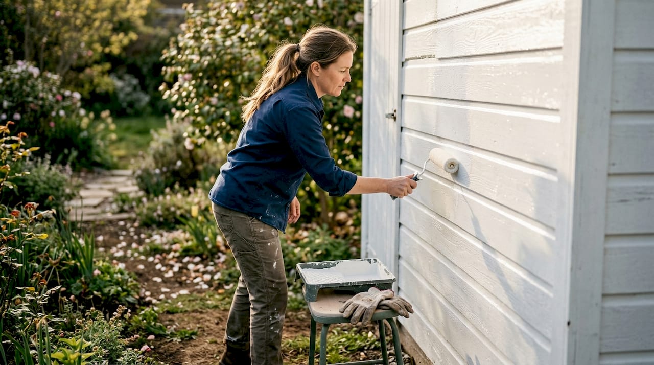 Homeowner applying waterproof coating to siding