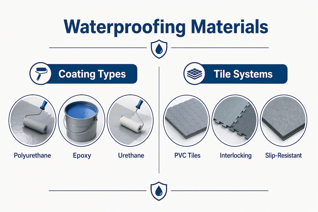 Infographic comparing waterproofing materials and tile systems