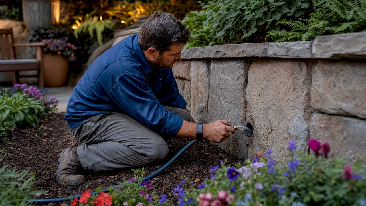 Maintenance worker inspecting retaining wall weep hole