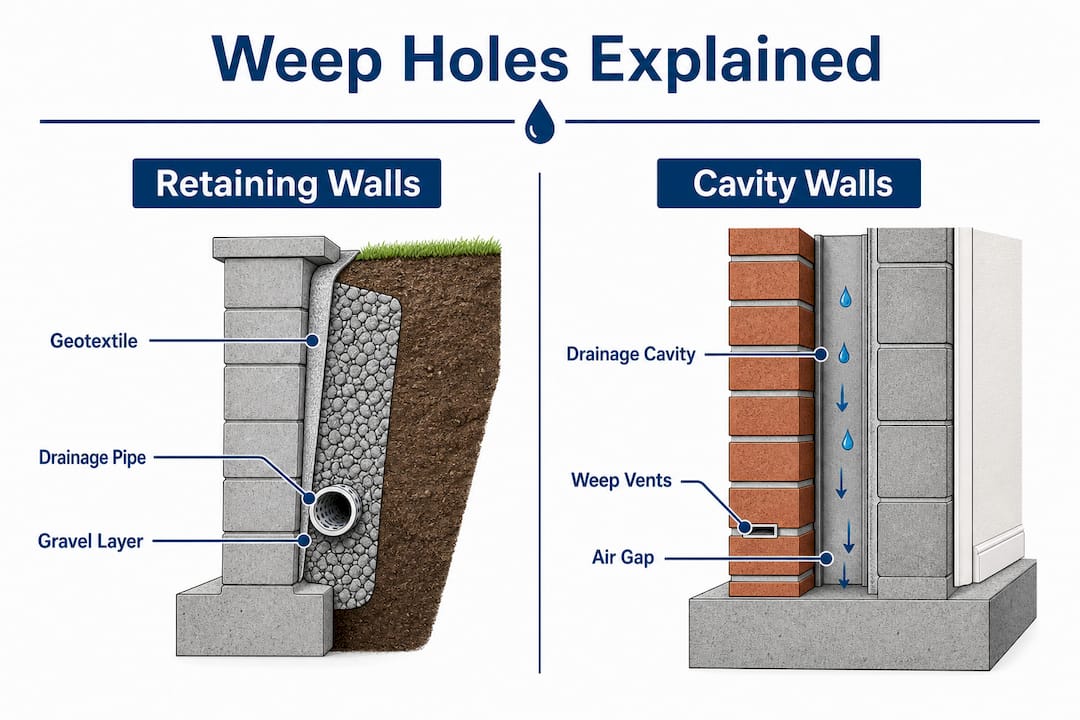 Infographic comparing retaining wall and cavity wall drainage components