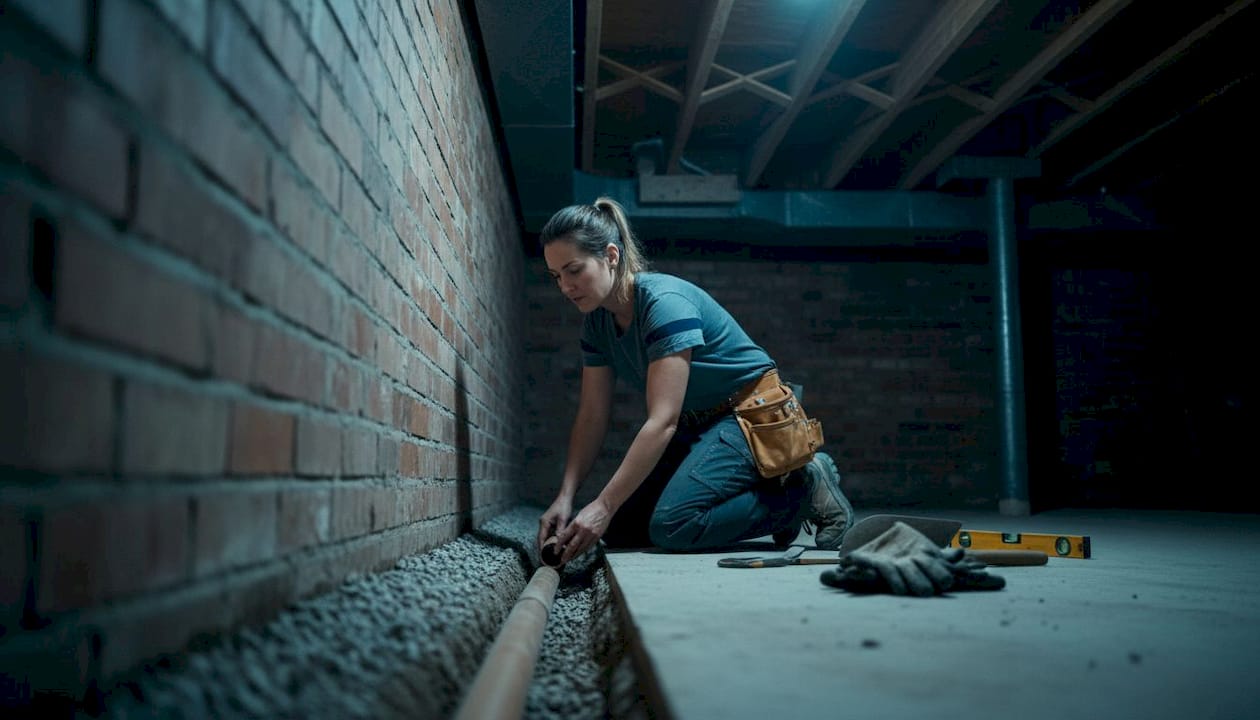 Contractor installing basement drainage system
