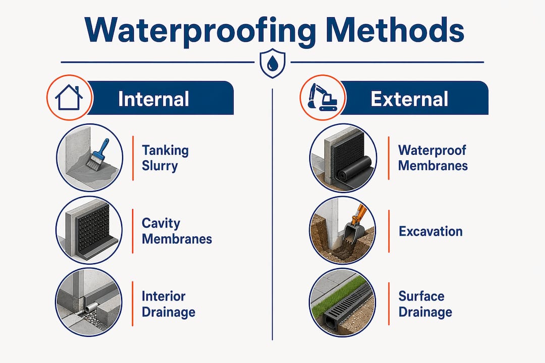 Infographic comparing internal vs external waterproofing methods