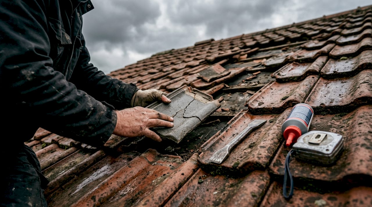 Roofer inspecting roof tiles with tools