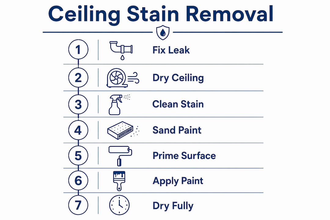 Infographic showing steps to remove ceiling water stains