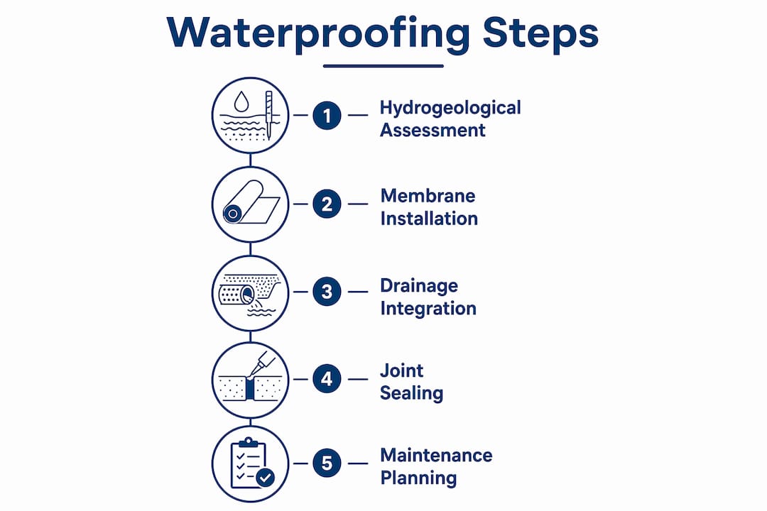 Infographic showing key stages of waterproofing underground parking