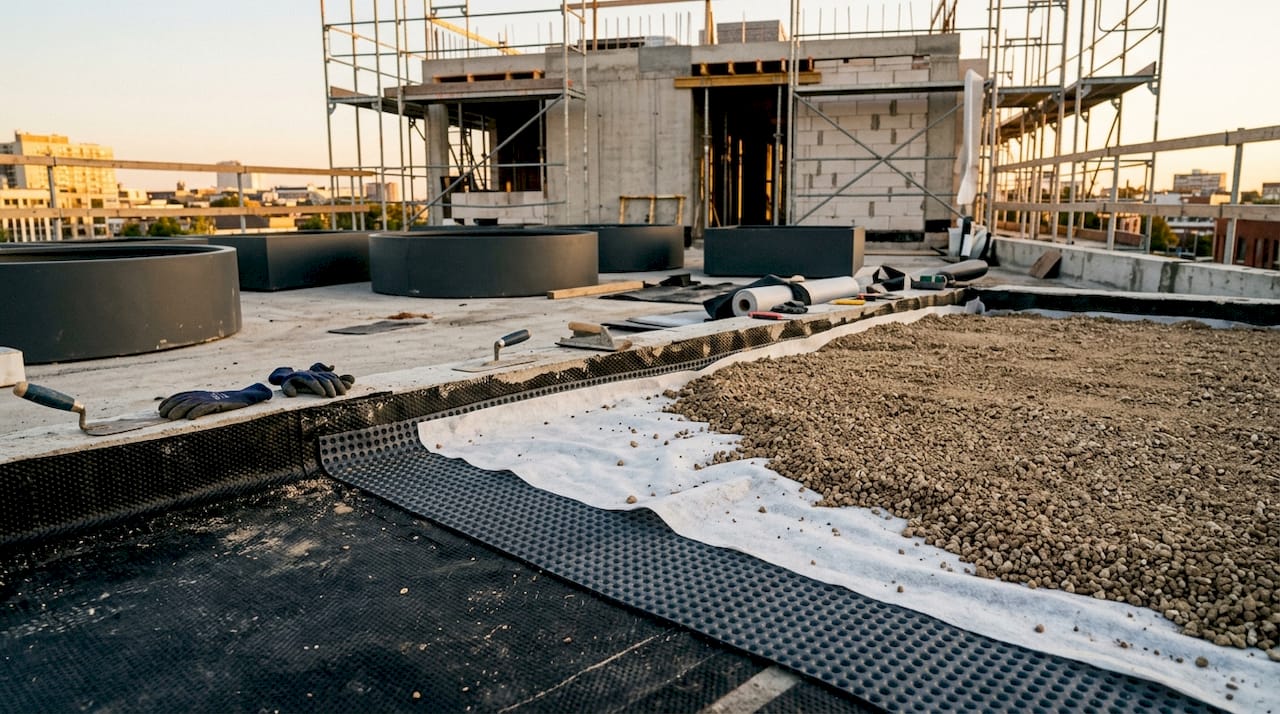 Layered materials of rooftop garden waterproofing system