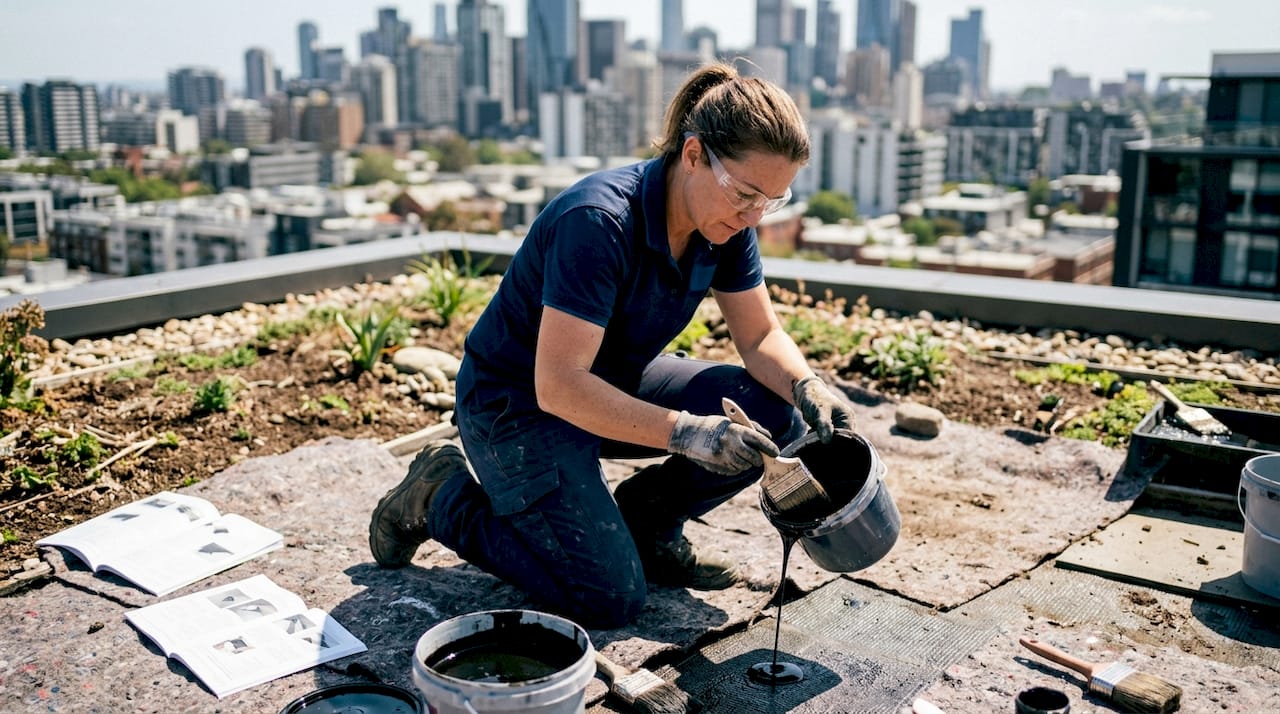 Contractor applying liquid waterproofing on rooftop garden