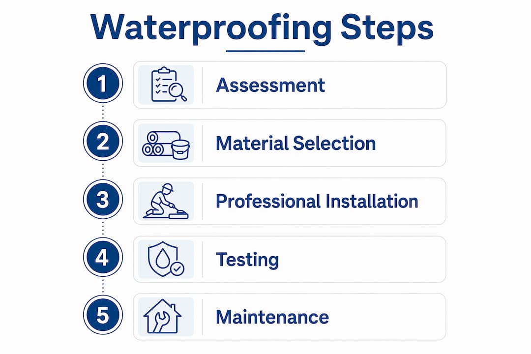 Infographic with five key steps for waterproofing rooftop gardens