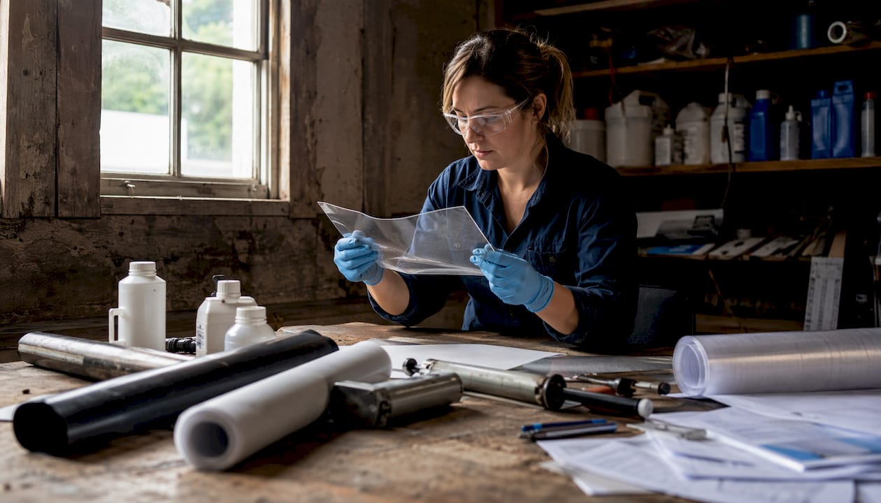 Engineer inspecting waterproofing materials indoors