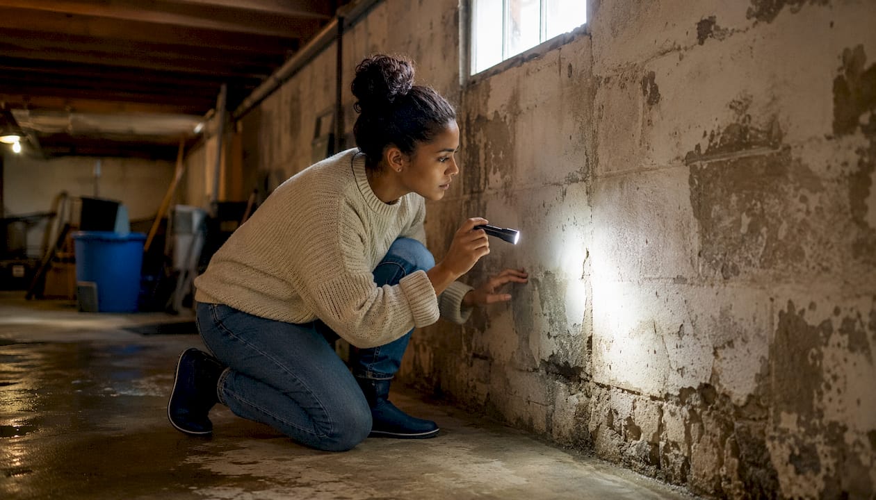 Woman inspecting damp basement cracks
