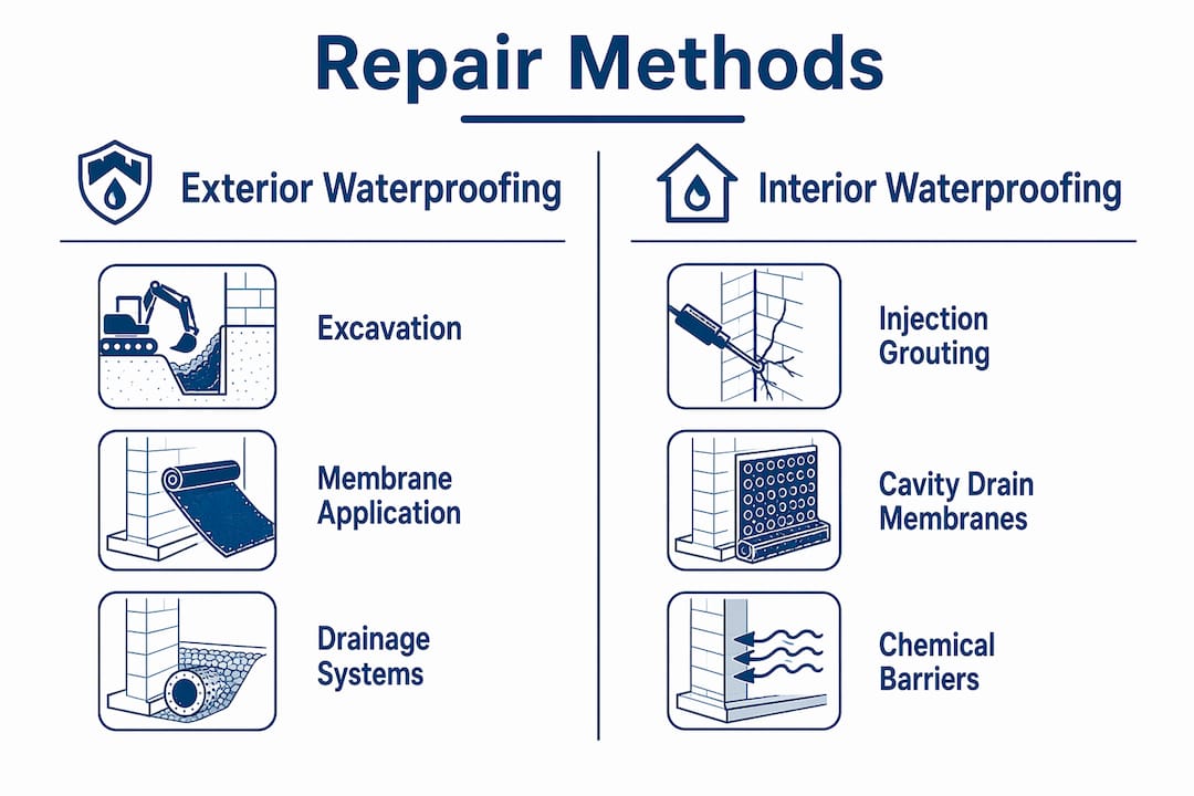 Infographic comparing exterior vs interior waterproofing methods