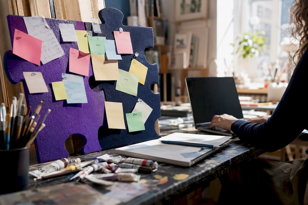 Puzzle-piece corkboard with audience strategy notes