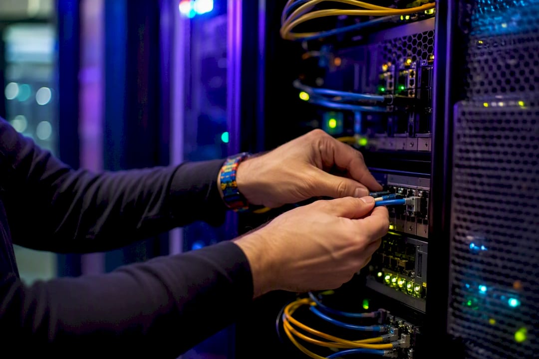 Technician connecting server cables