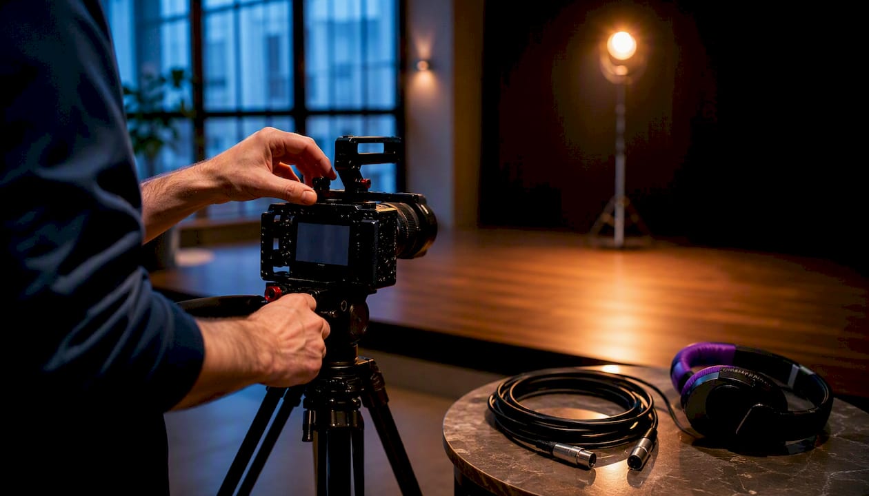 Videographer adjusting camera for stage advertisement