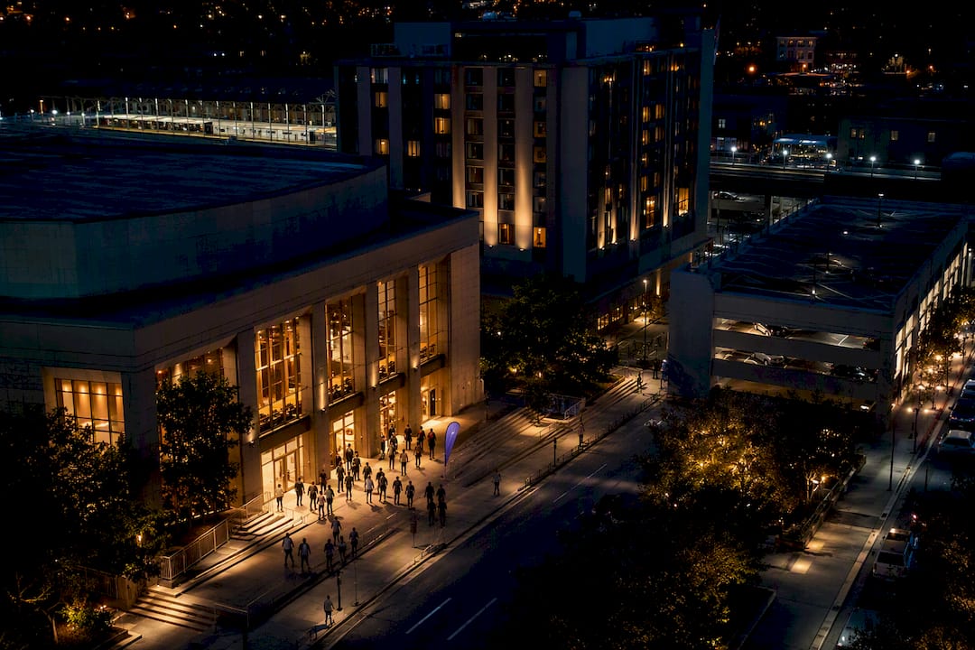 Cultural venue and nearby event locations at dusk
