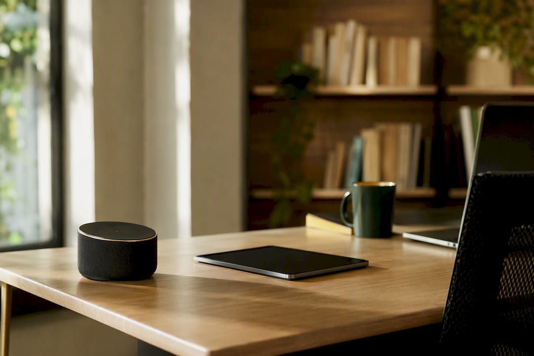 Voice assistant device on office desk