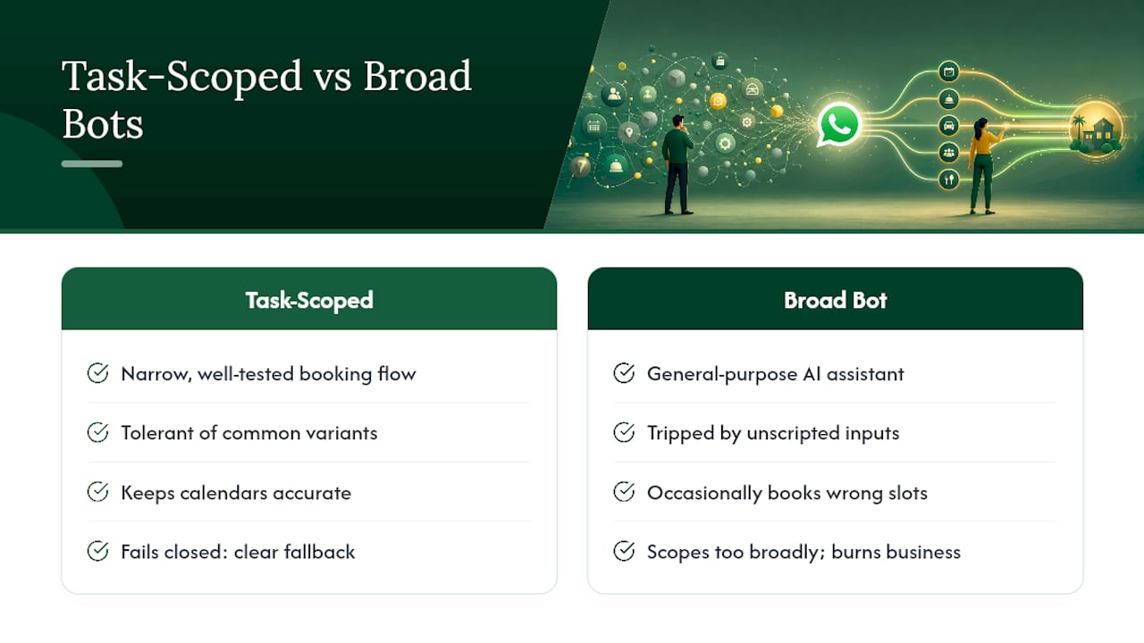 The gap between a booking bot demo and a booking bot that survives real customers — overview diagram