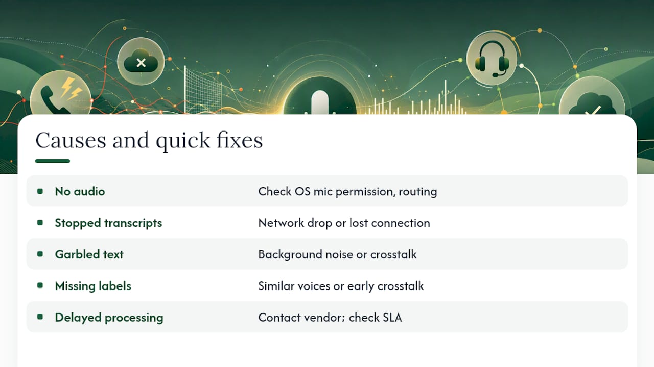 What causes recording and transcription failures, and how do you fix them? — overview diagram