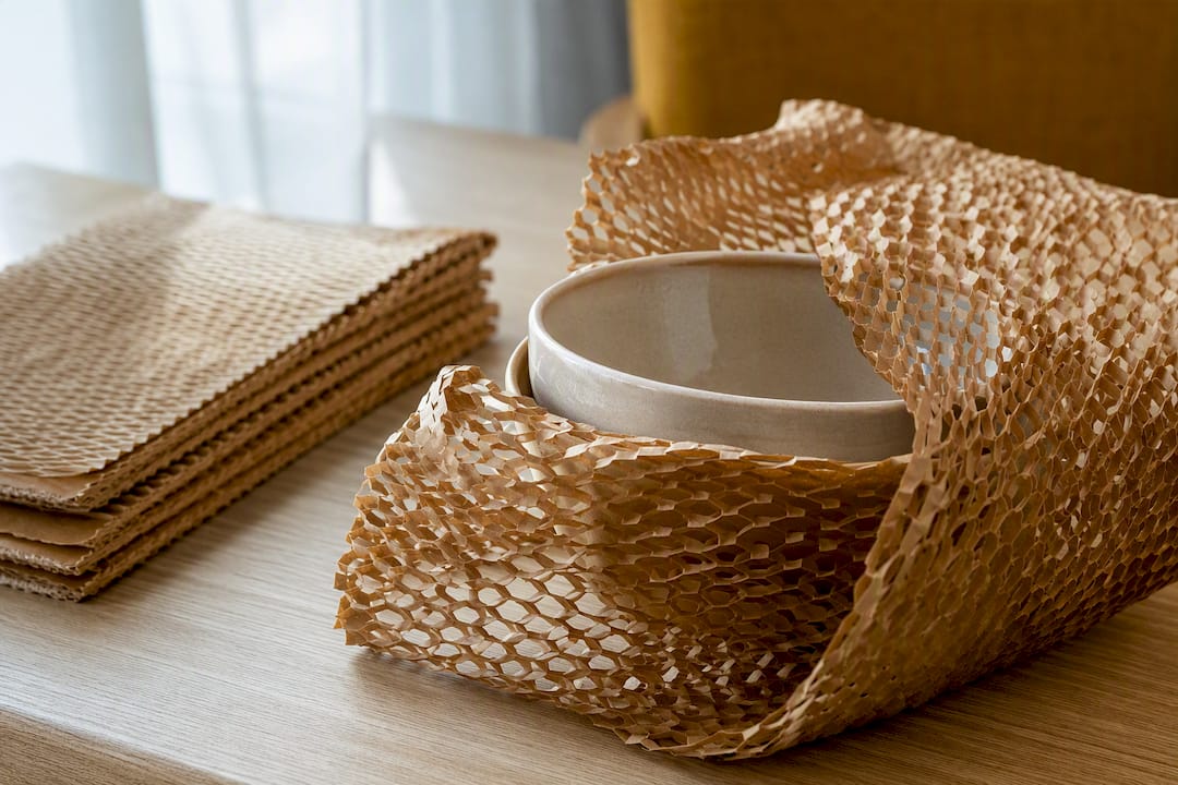 Honeycomb paper cushioning a ceramic bowl