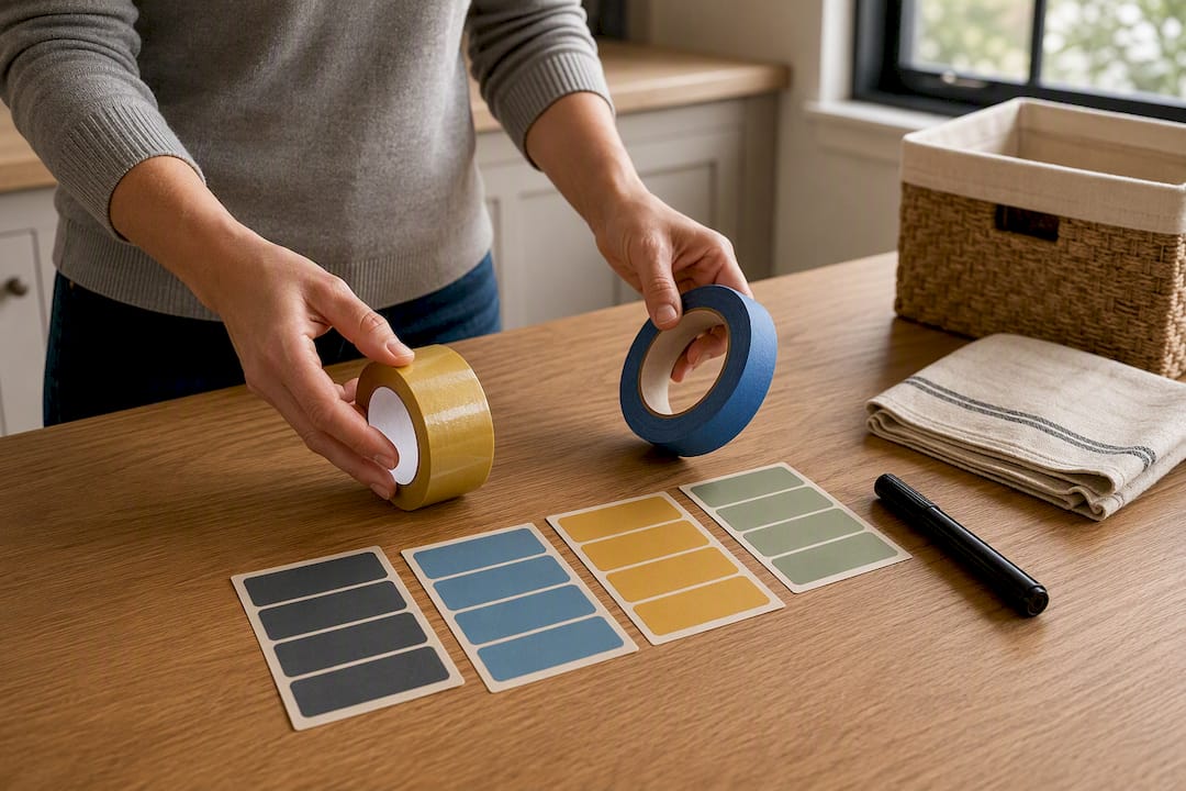 Hands comparing colored moving label supplies