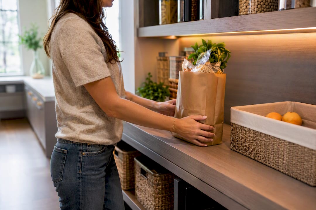 Groceries placed on a pantry landing shelf