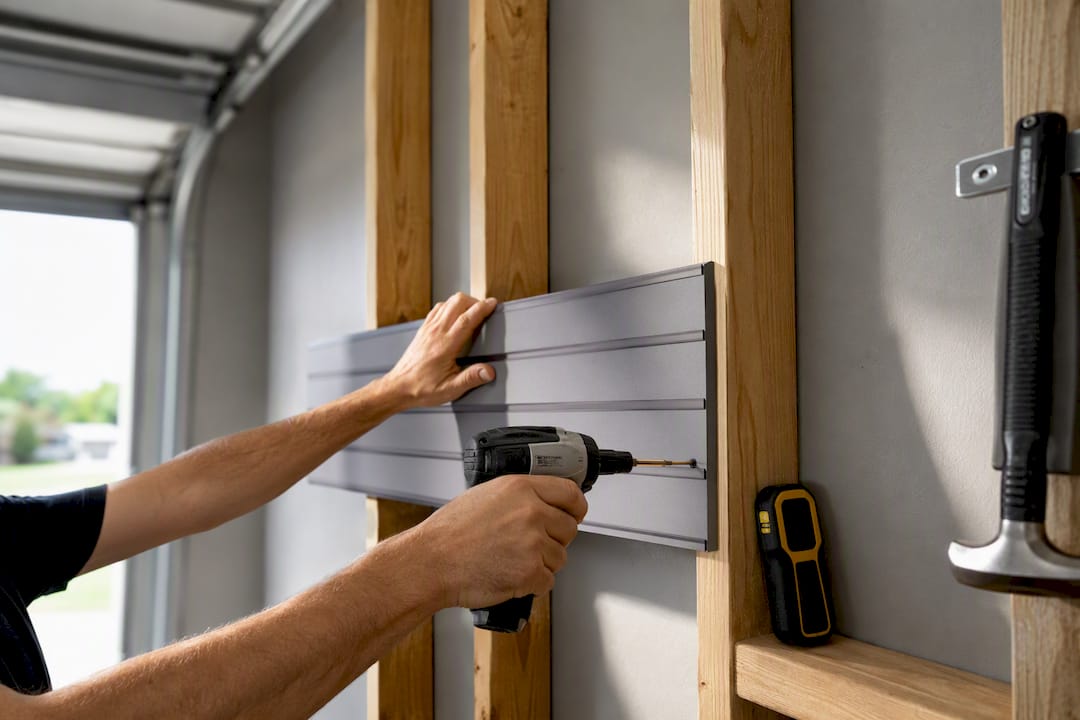 Hands fastening garage organizer panel to studs