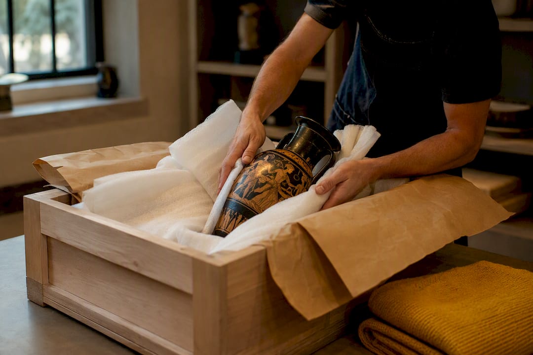 Hands cushioning an antique for professional packing