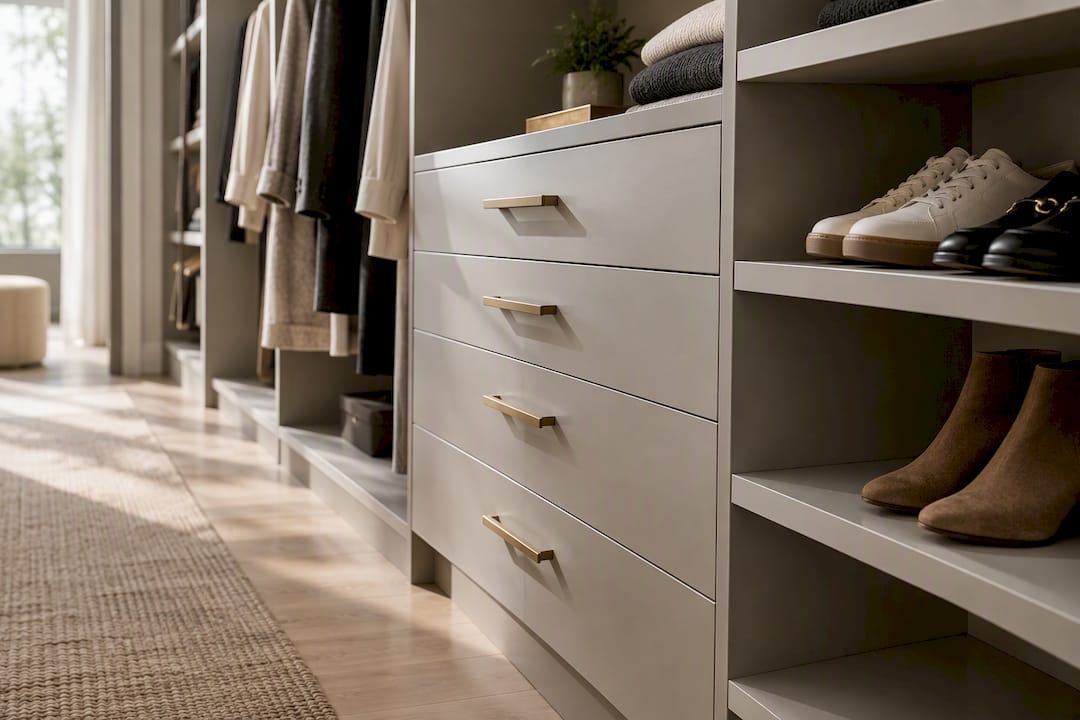 Shallow shelves beside deeper closet storage