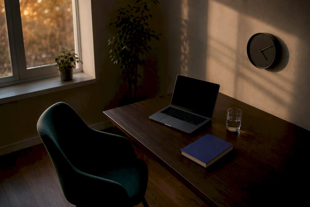 Empty interview room with chair and laptop