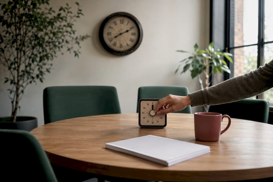 Hand reaching for timer on meeting table