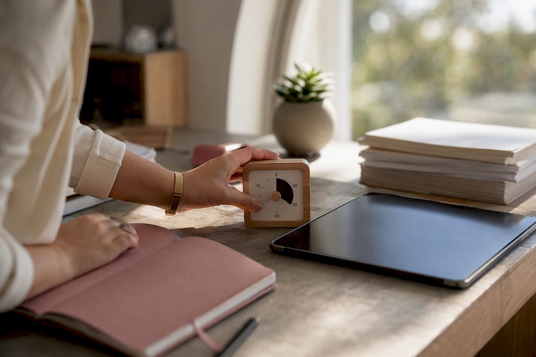Hands setting a timer next to tablet