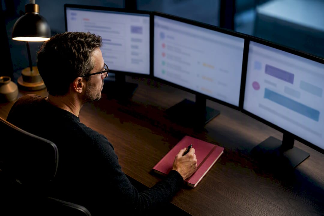 Brand monitoring dashboards in a dark studio