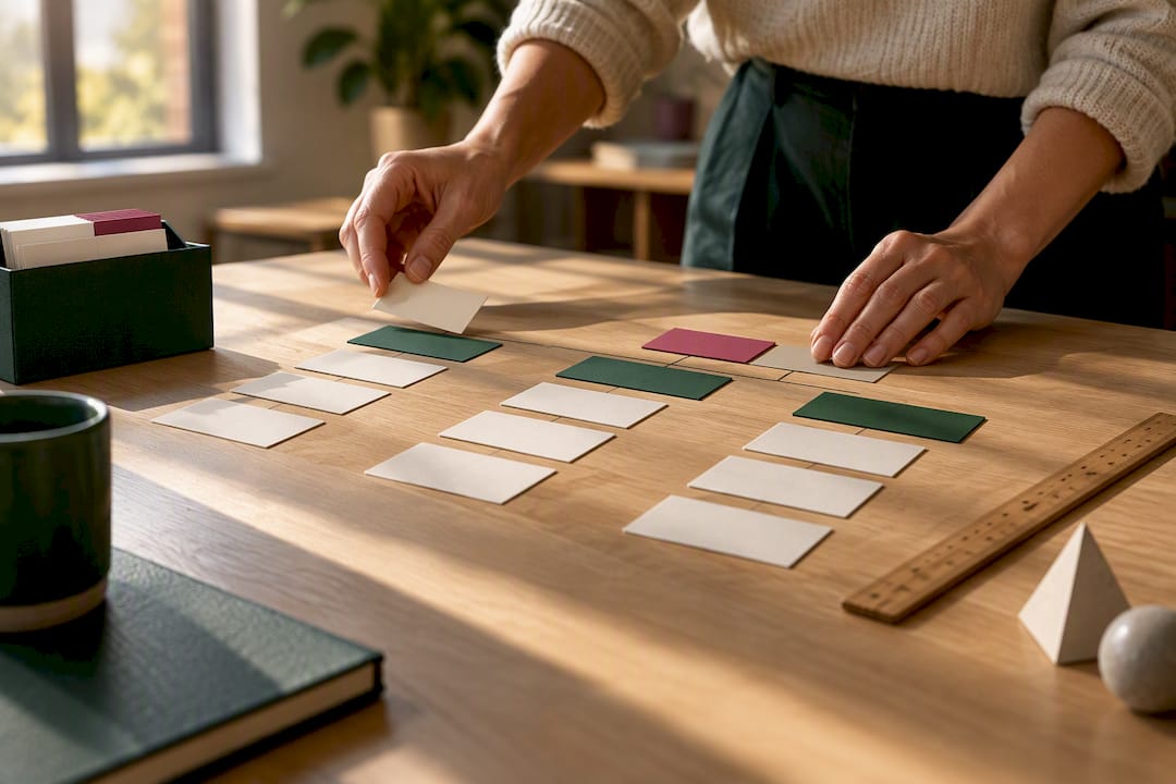 Hands arranging cards into website hierarchy