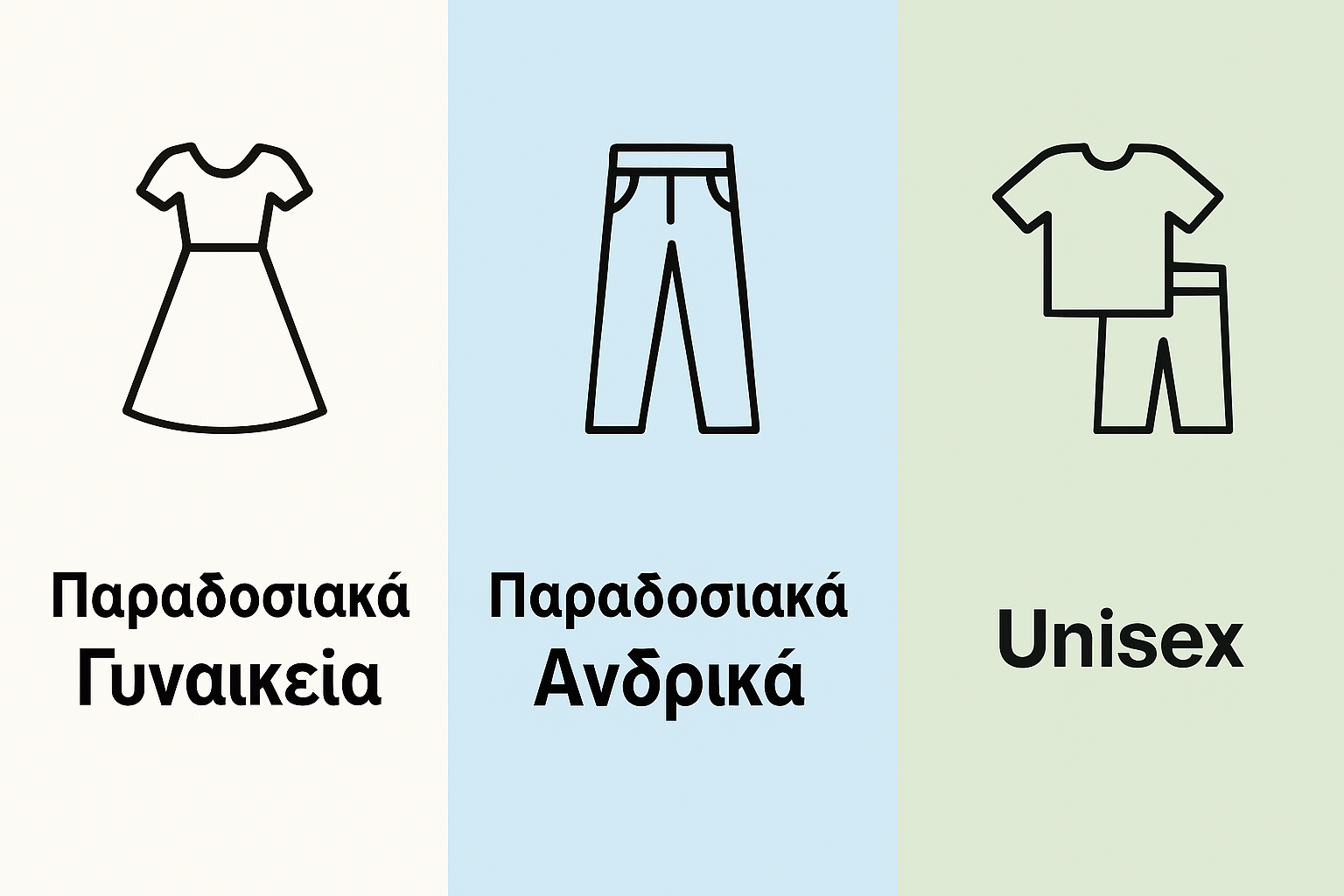 Visual comparison of traditional female, male, and unisex clothing