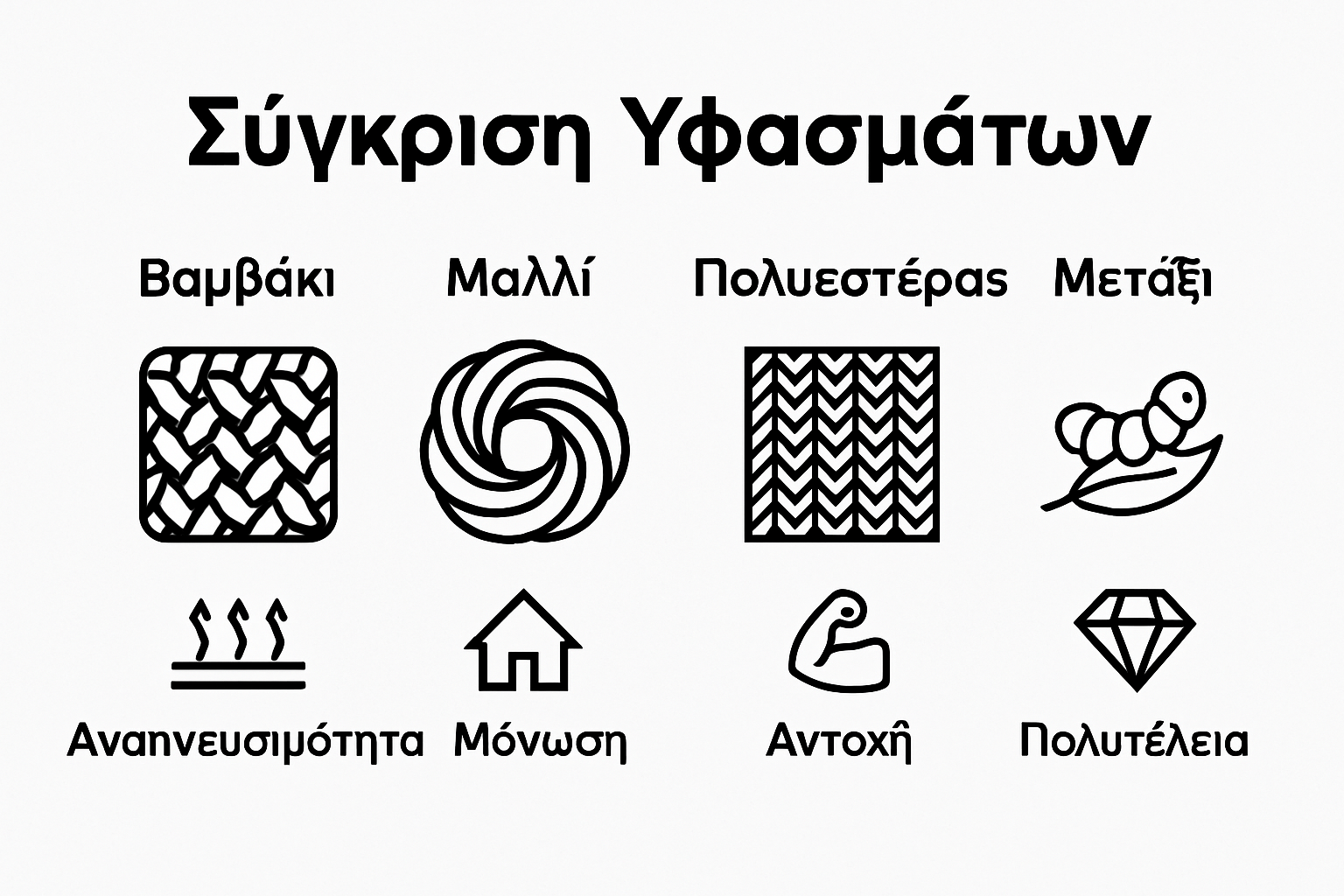 Σύγκριση βασικών τύπων υφασμάτων με απλά εικονίδια