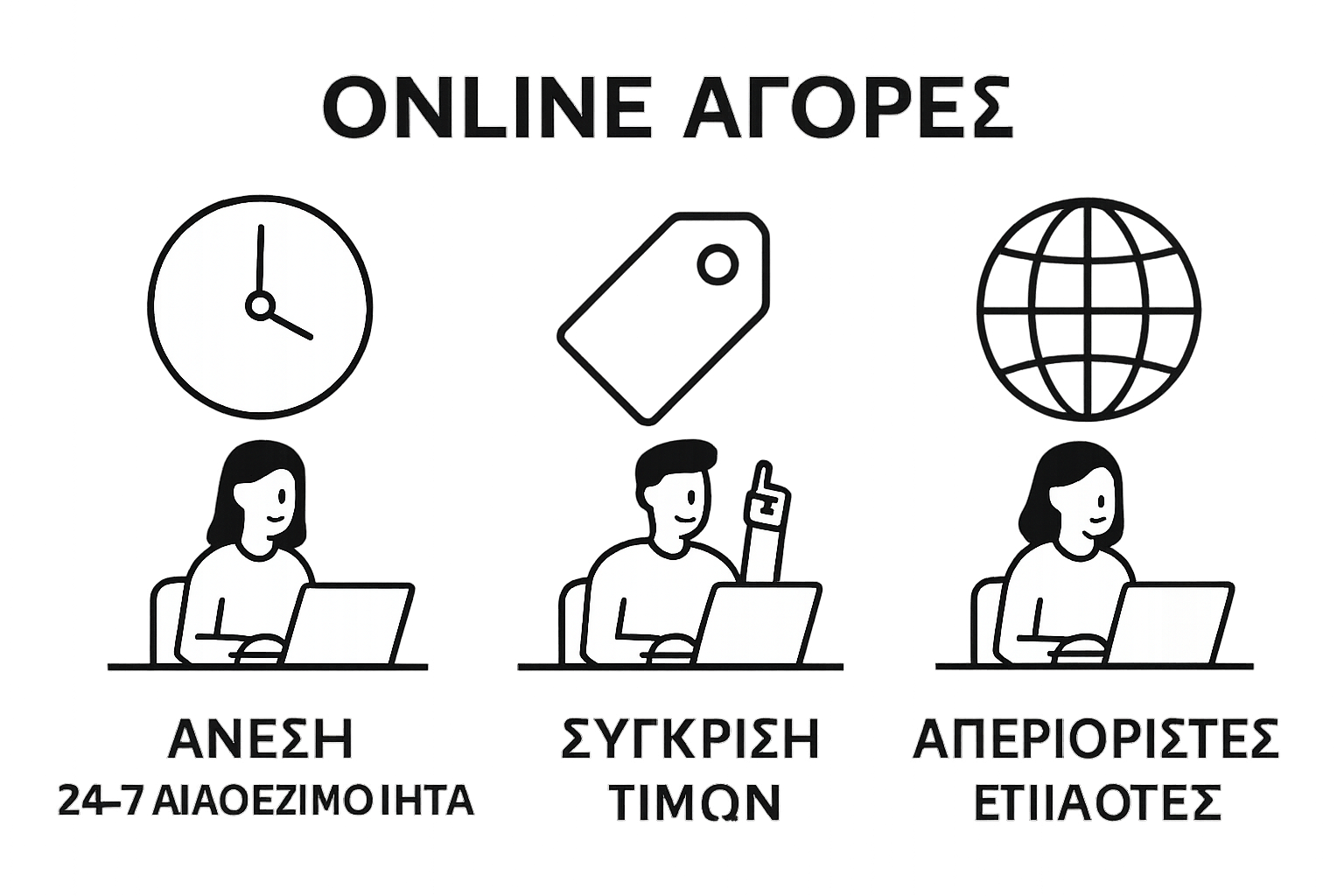 Three icons: clock, price tag, globe—online clothing benefits
