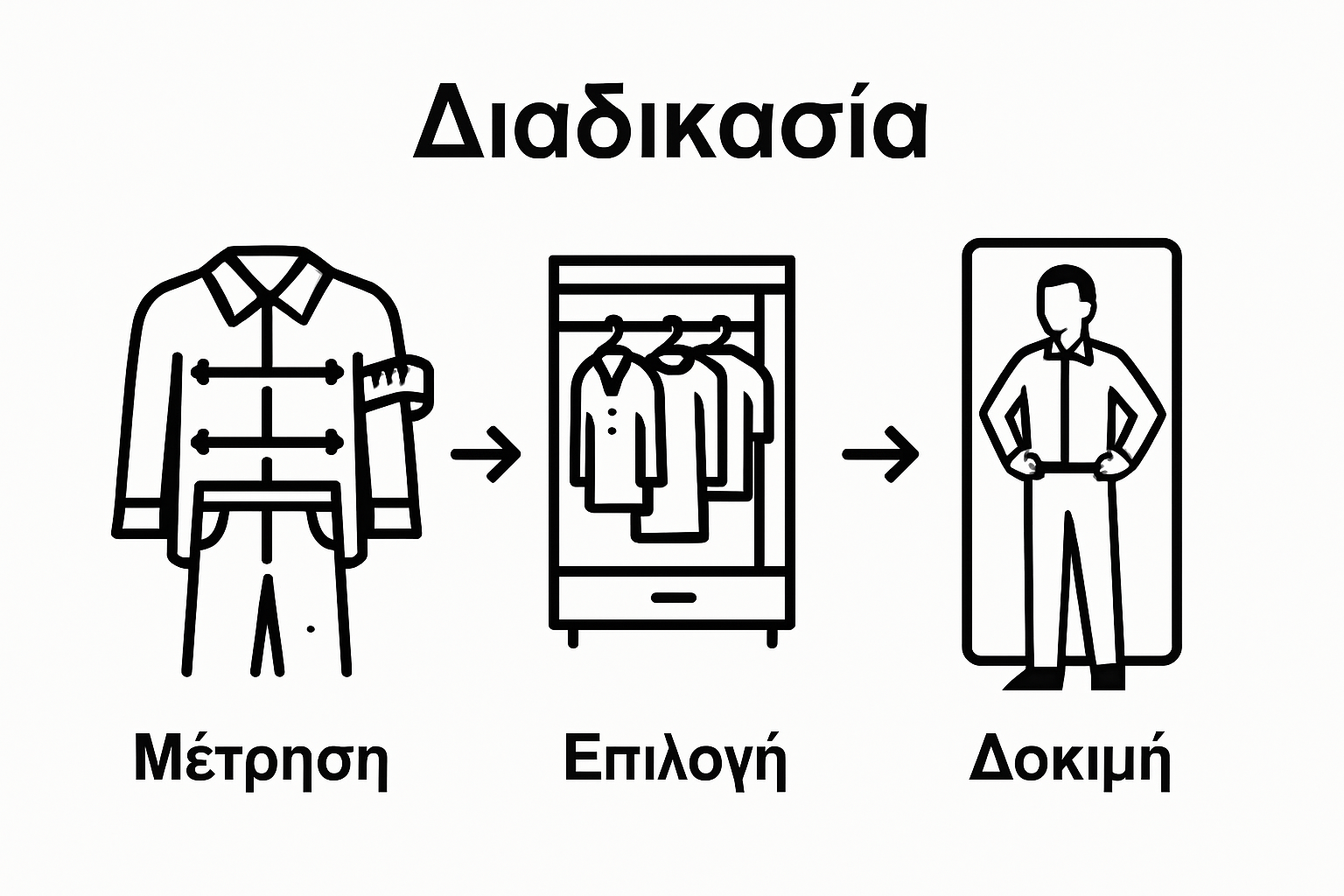 Three-step infographic showing measuring body, choosing clothes, and trying on in mirror