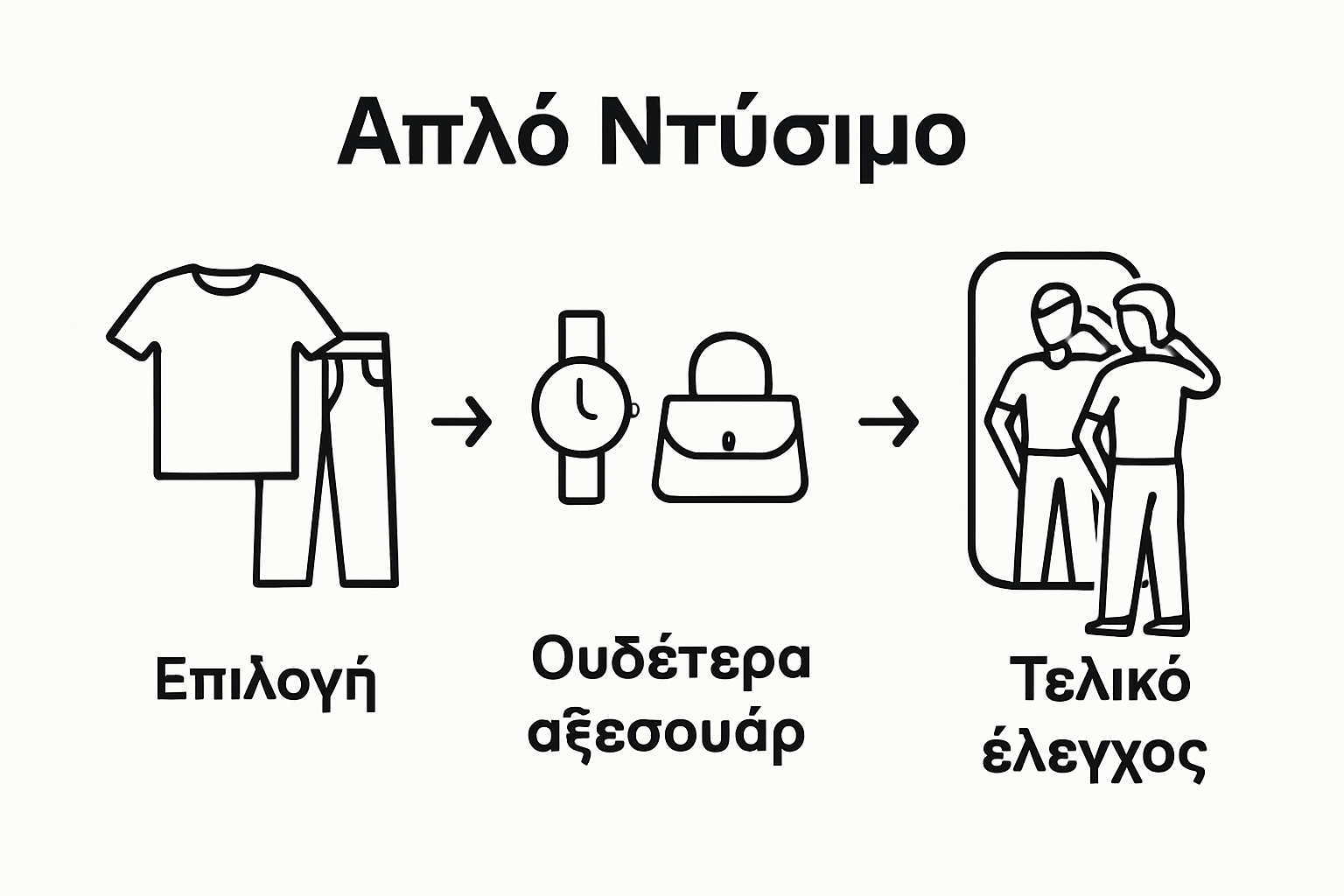 A three-step diagram showing selecting clothes, adding accessories, and checking full look in mirror.
