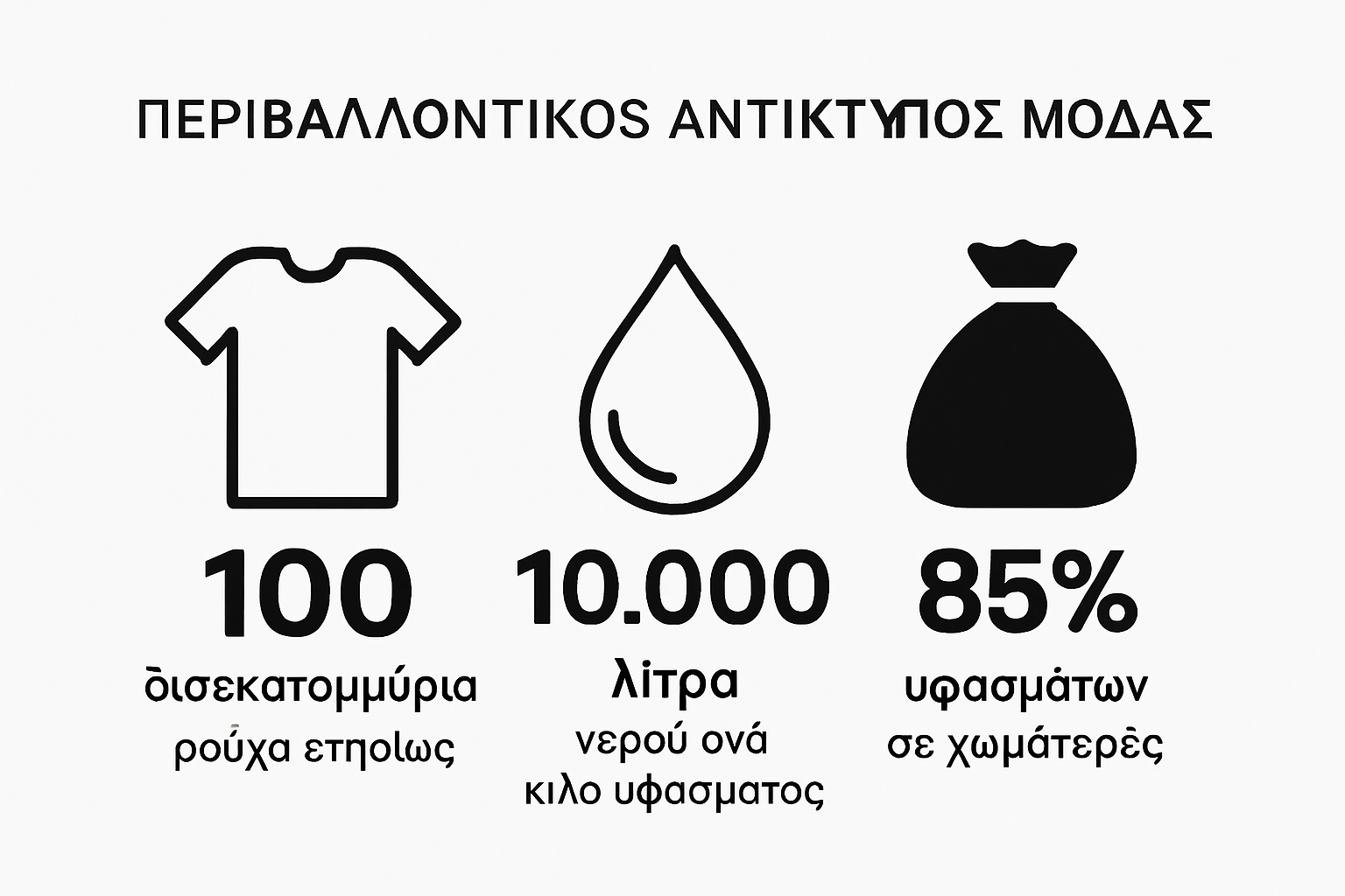 Γραφικό με τρία βασικά στατιστικά για την περιβαλλοντική επίπτωση της μόδας