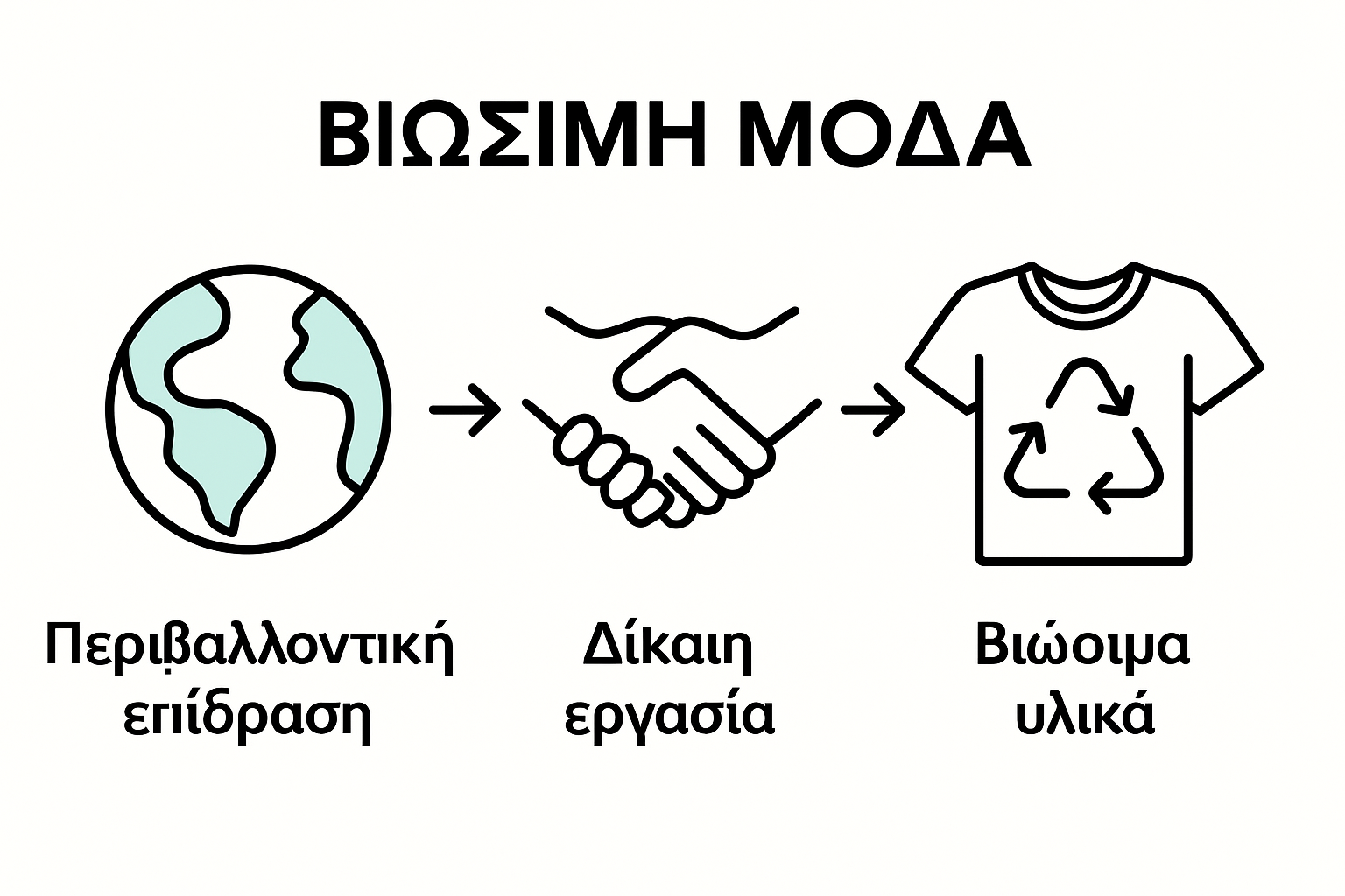 Three icons representing eco-impact, fair labor, recycled materials in sustainable fashion