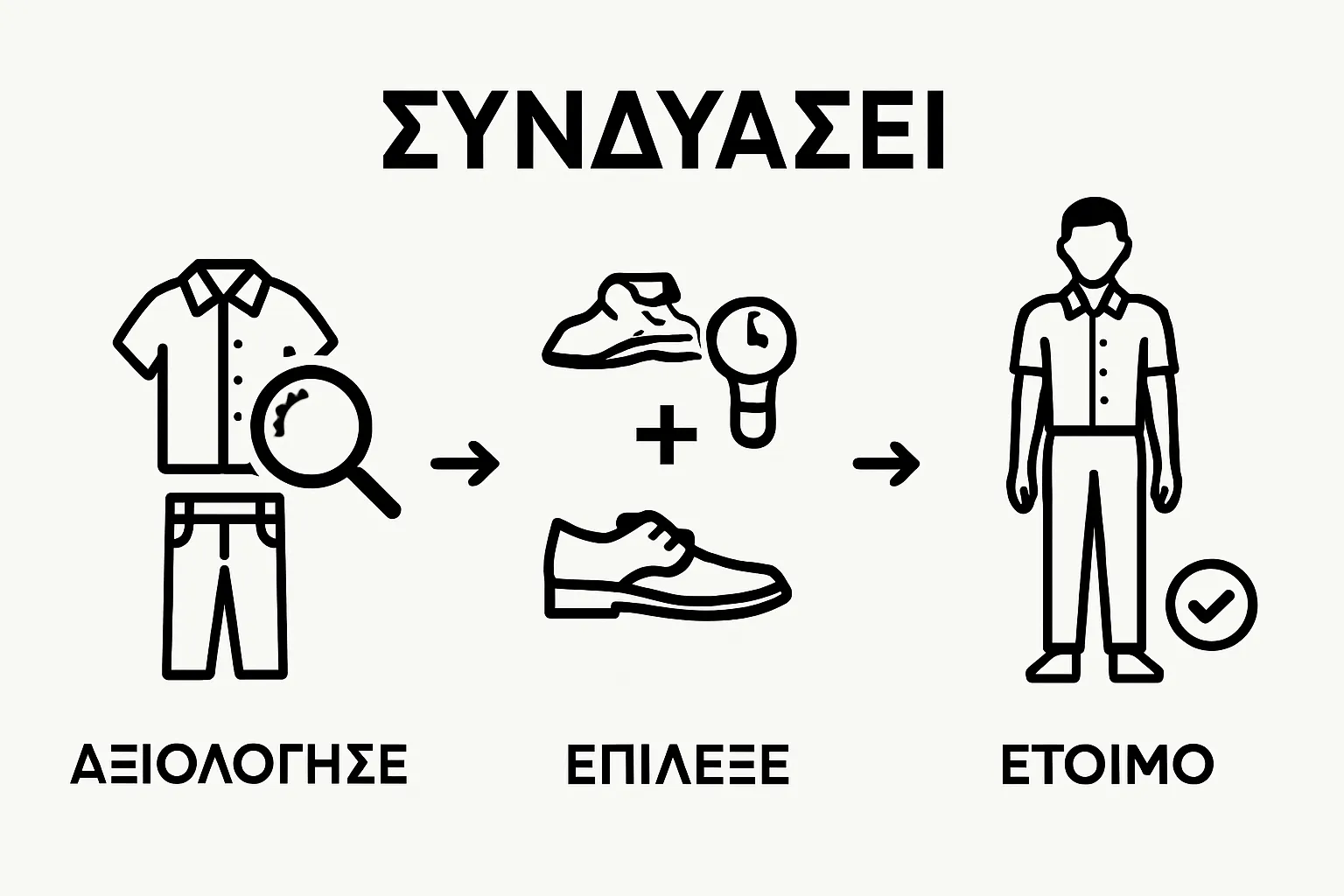 Infographic of evaluating, selecting, and assembling men's outfits in three clear steps