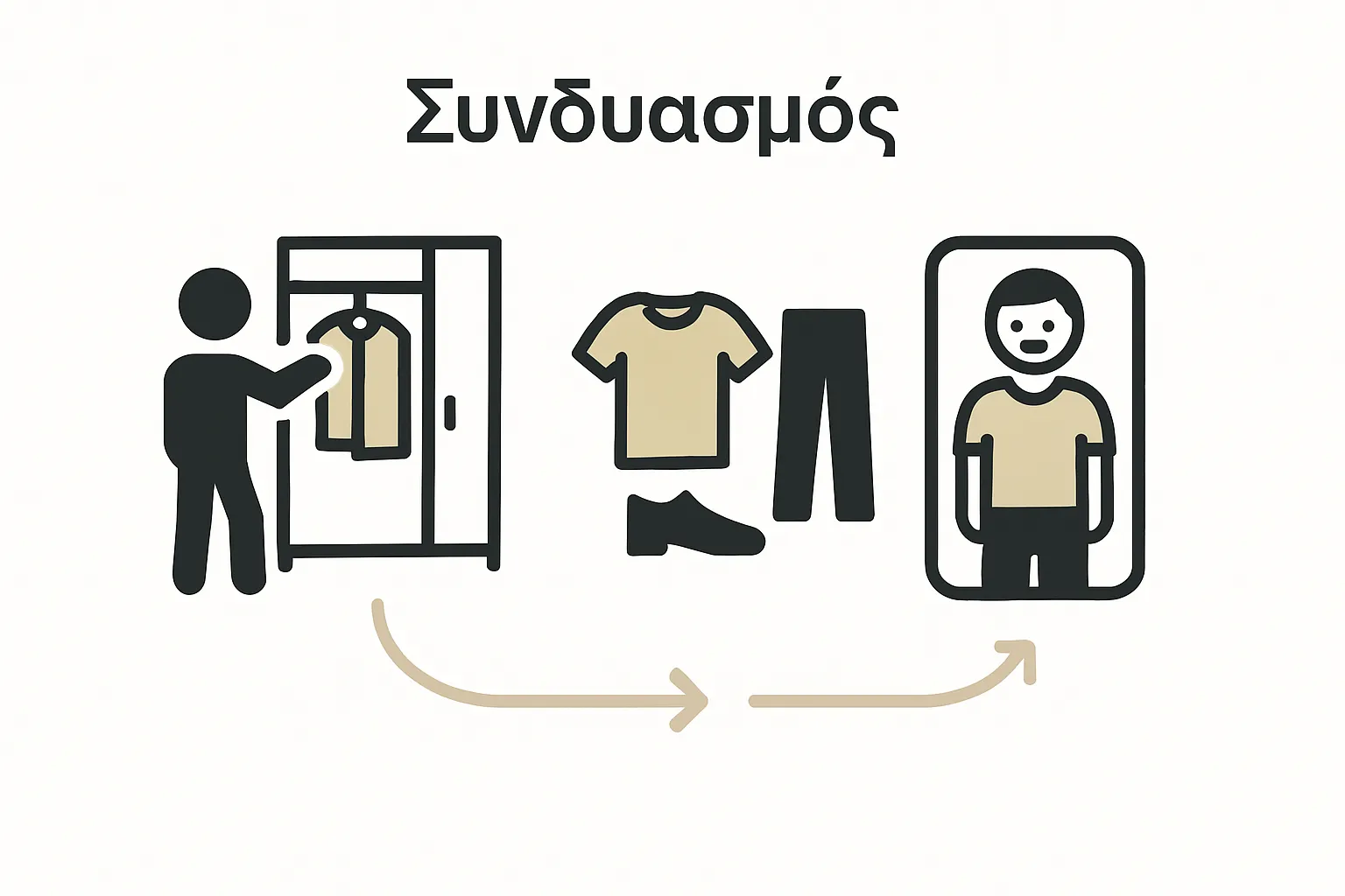 Simple infographic of choosing, combining, and evaluating casual outfits
