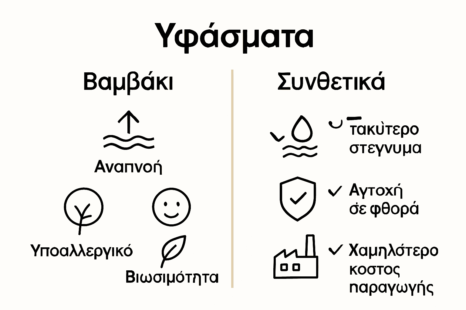 Infographic: σύγκριση βαμβακερών και συνθετικών υφασμάτων με εικονίδια