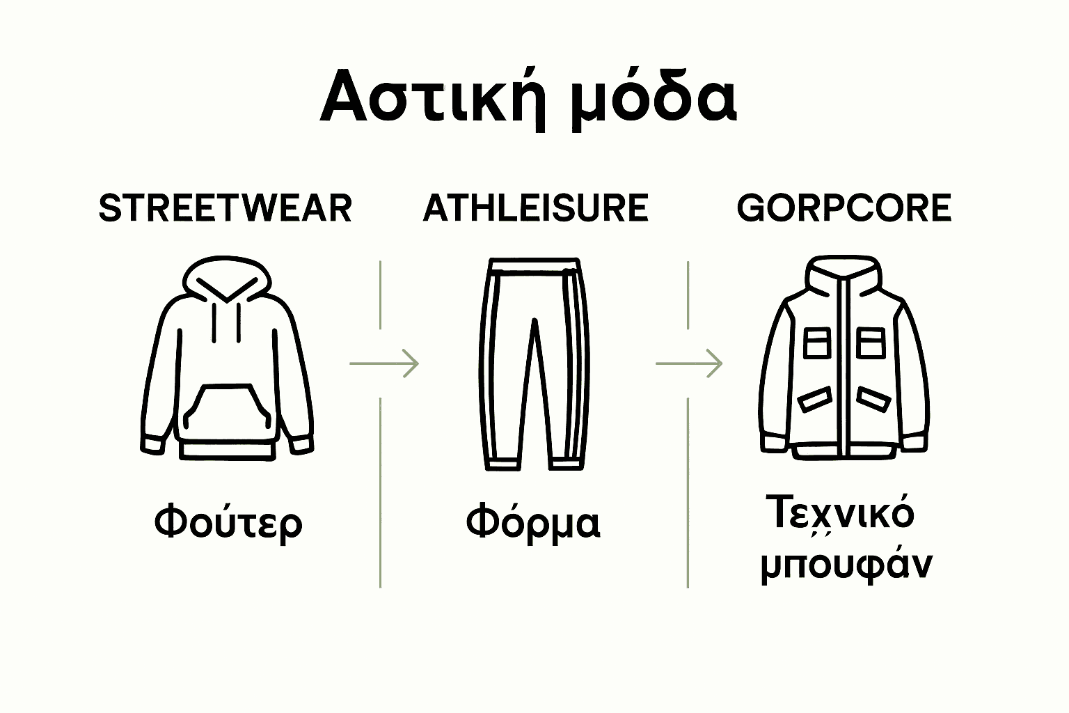 Infographic comparing streetwear, athleisure, gorpcore styles
