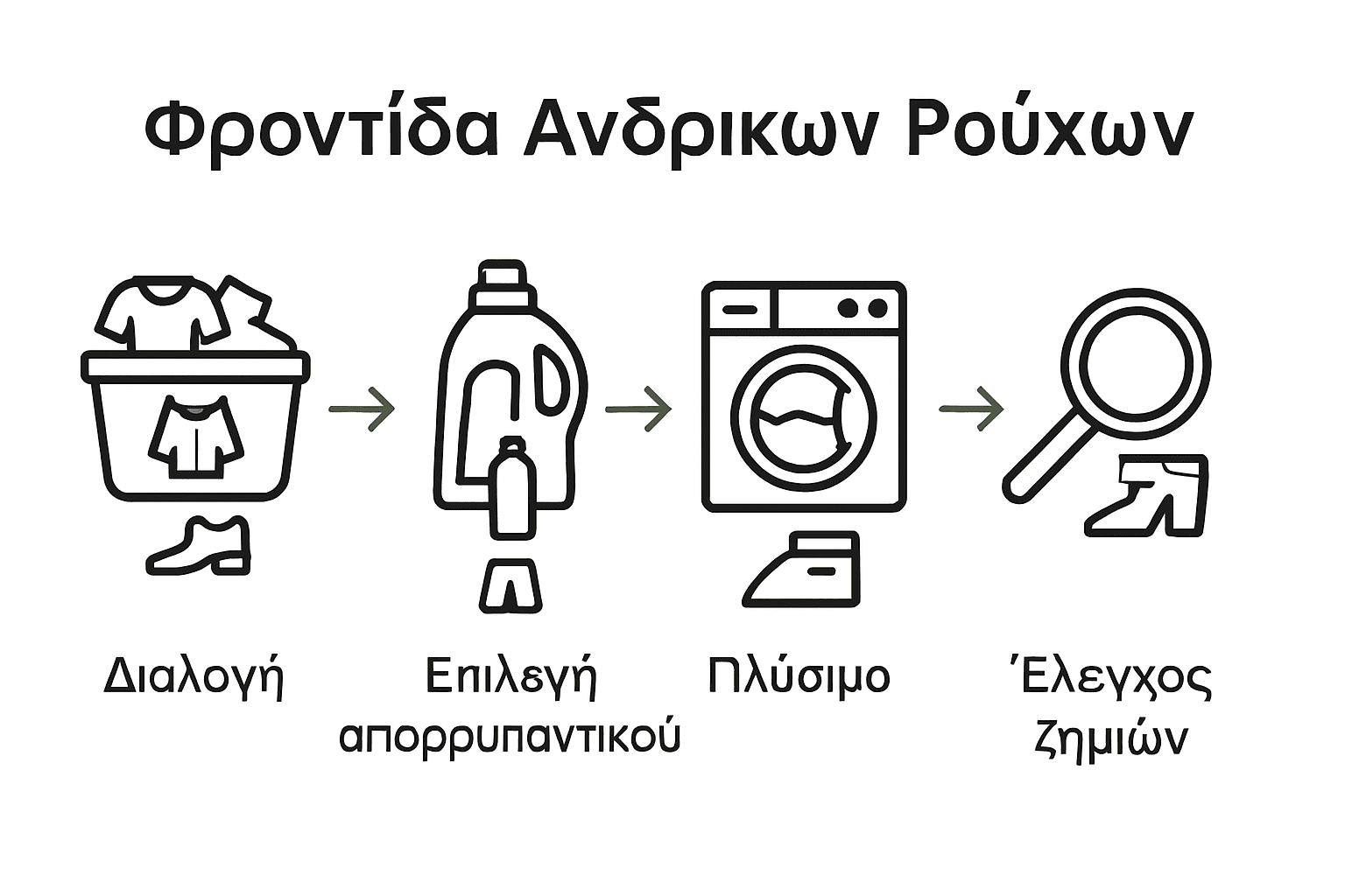 Simple infographic of men's clothing care process with five steps.