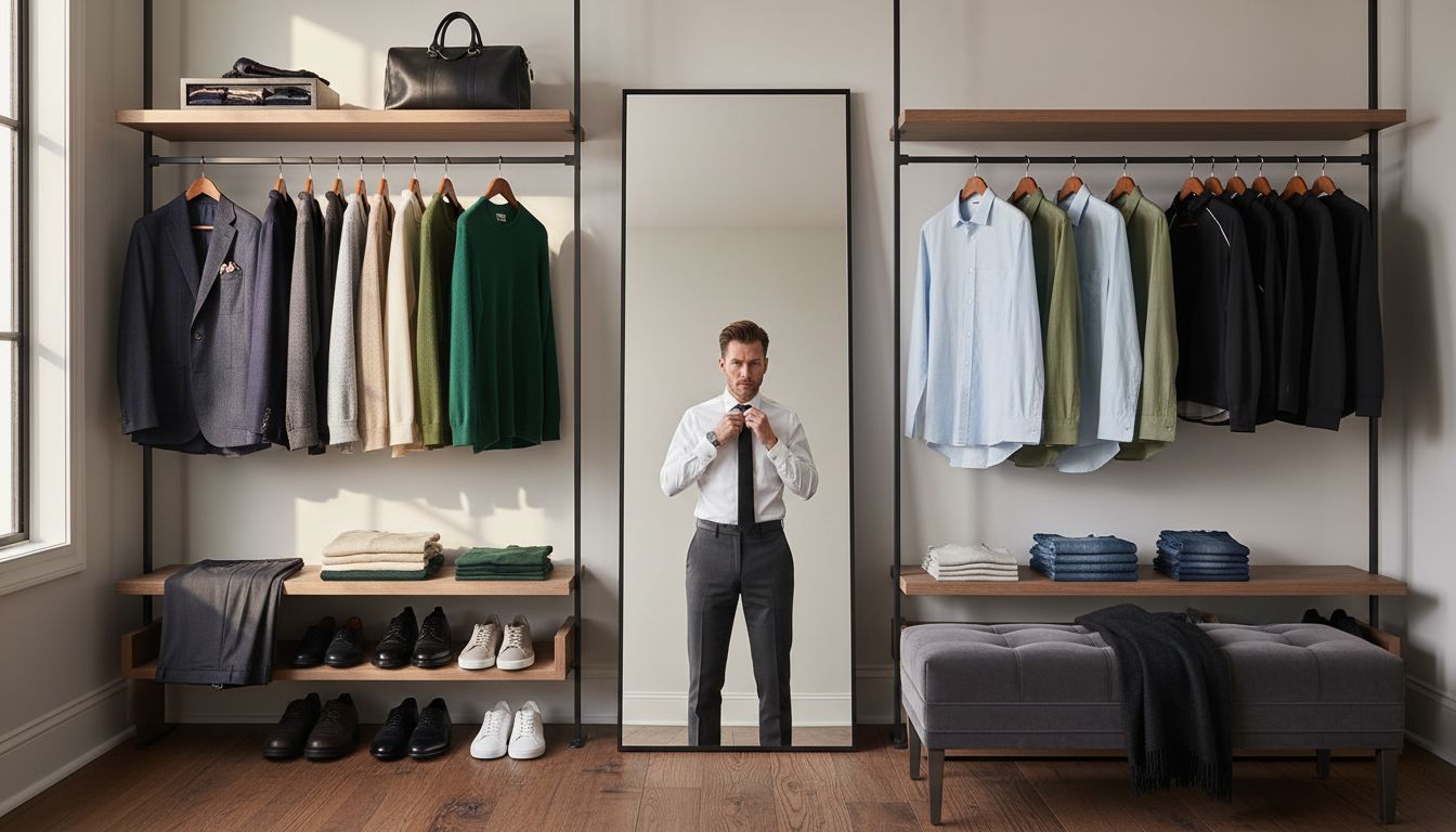 Varied seasonal men’s clothing organized neatly