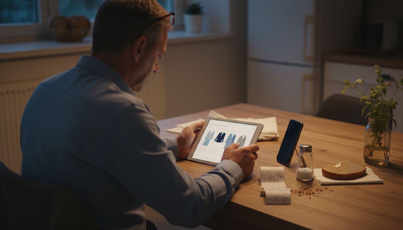 Man using multiple devices for clothing reviews