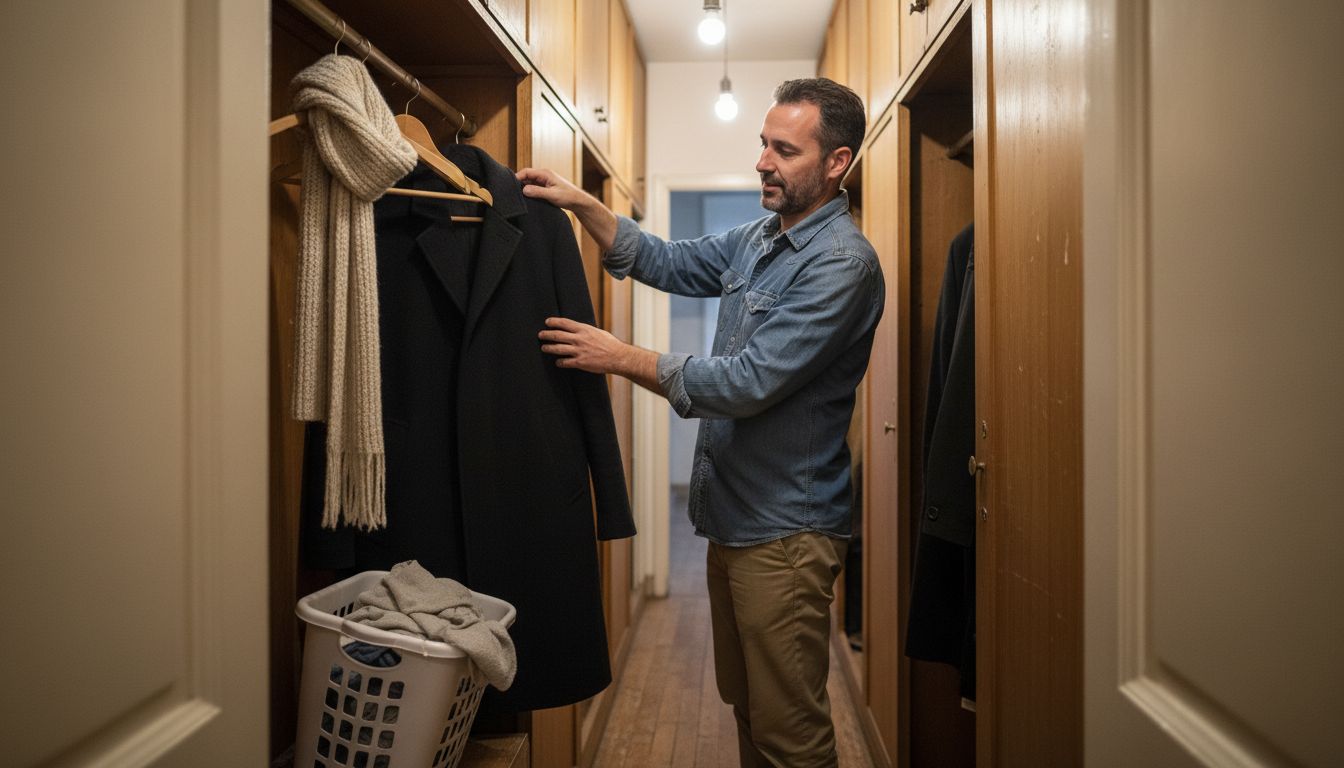 Man checking coats in hallway closet