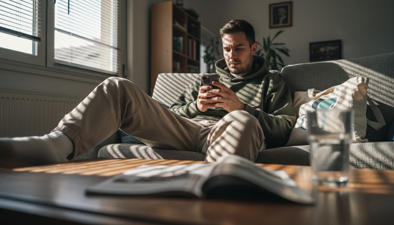 Man in oversized hoodie relaxing at home